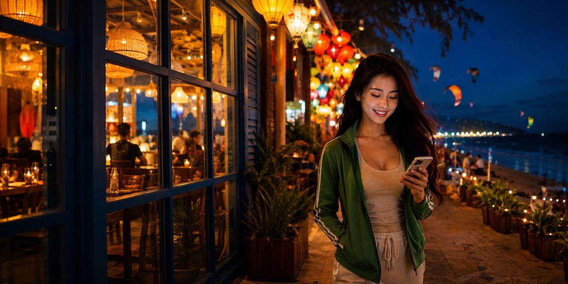 Người chơi tại Mũi Né dùng điện thoại xem ưu đãi khuyến mãi mới nhất của hitclup bên bờ biển