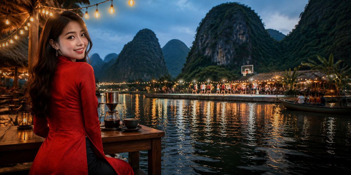 Người phụ nữ mặc áo dài tại Ninh Bình xem thông tin cược bóng rổ trực tuyến trên điện thoại